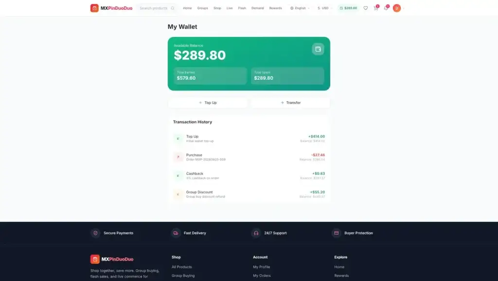 Pinduoduo Clone 35 Desktop wallet showing balance, earned and spent totals, top-up, transfer, purchases, cashback, and group discounts
