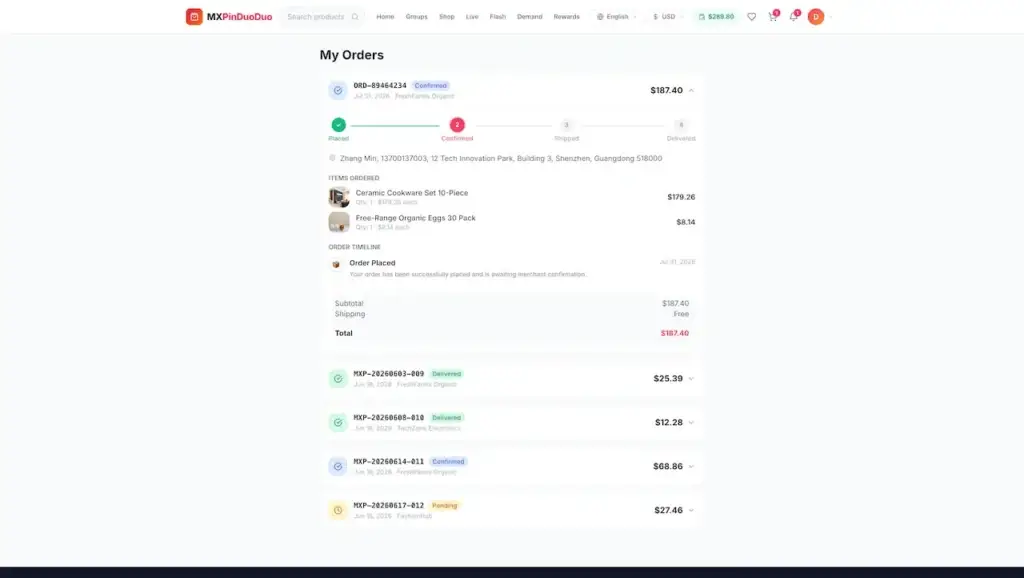 Pinduoduo Clone 36 Desktop order history with progress tracker, delivery address, purchased items, timeline, and totals