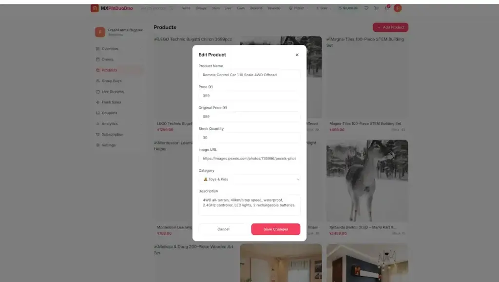 Pinduoduo Clone 51 Desktop Edit Product modal for a remote-control car with price, stock, image, category, and description