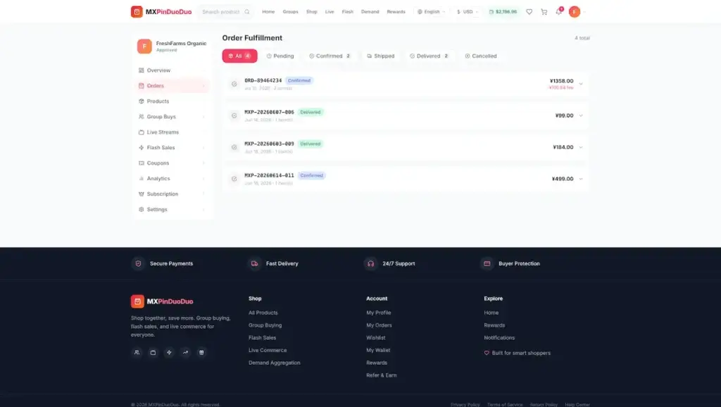 Pinduoduo Clone 48 Desktop fulfillment dashboard grouping confirmed, shipped, delivered, pending, and cancelled merchant orders