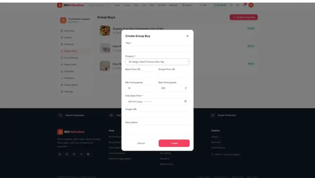 Pinduoduo Clone 50 Desktop Create Group Buy modal with Wagyu beef selected and fields for pricing, participants, dates, and media