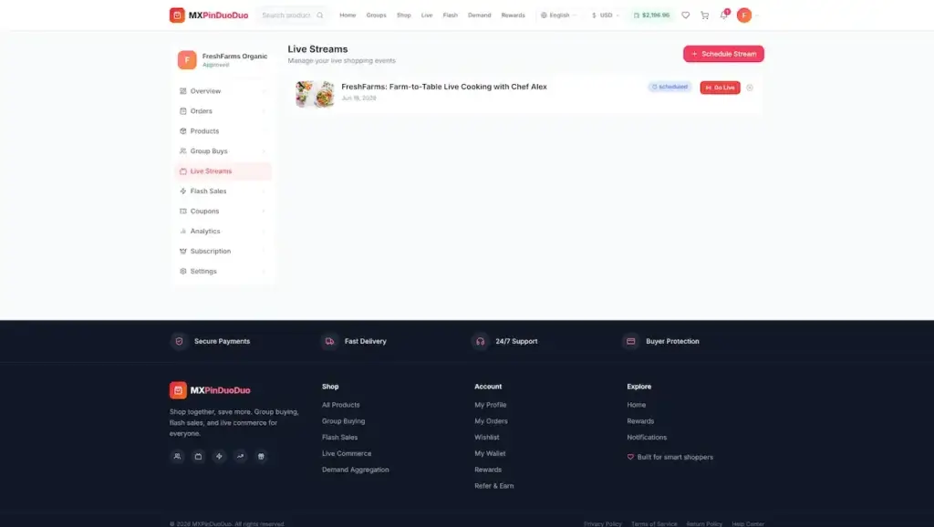 Pinduoduo Clone 49 Desktop merchant live-stream page with a scheduled farm-to-table cooking event and Go Live action