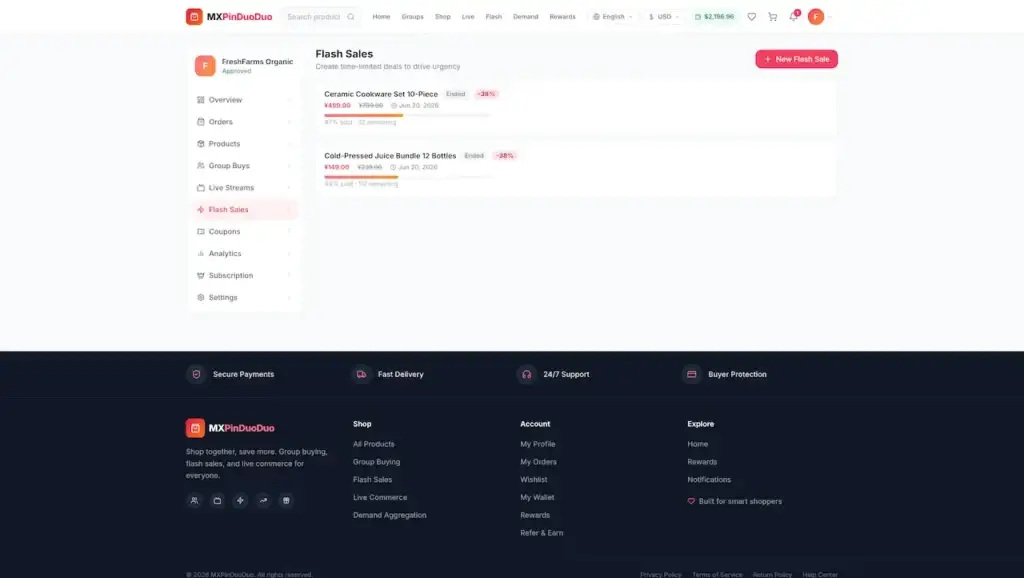 Pinduoduo Clone 45 Desktop flash-sale manager showing ended cookware and cold-pressed juice promotions and remaining stock