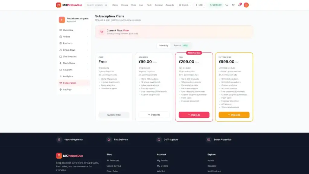 Pinduoduo Clone 46 Desktop comparison of Free, Starter, Pro, and Enterprise merchant subscription tiers and upgrade features