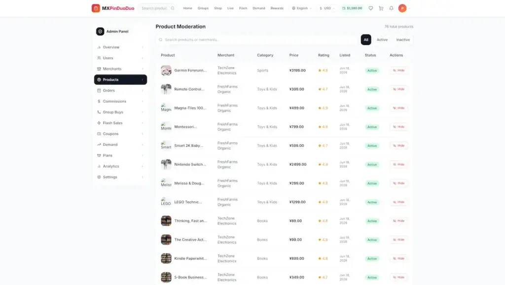 Pinduoduo Clone 53 Product moderation table showing merchants, categories, prices, ratings, listing dates, statuses, and hide controls