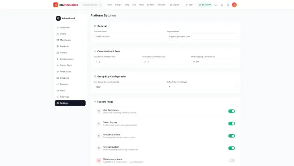 Pinduoduo Clone 54 Platform settings for commission fees, group-buy limits, support details, and commerce feature flags