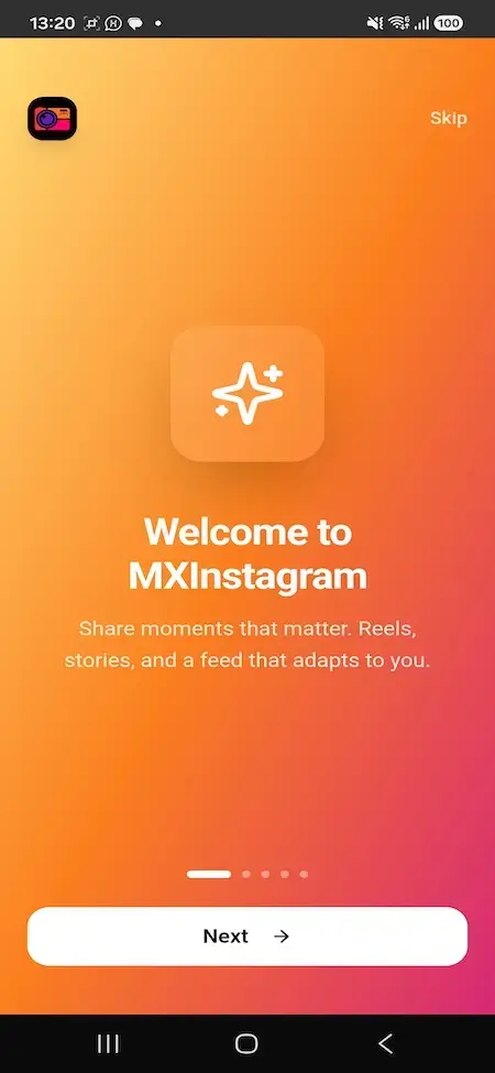 Instagram Clone 26 MXInstagram welcome onboarding screen introducing personalized feeds, Reels and stories