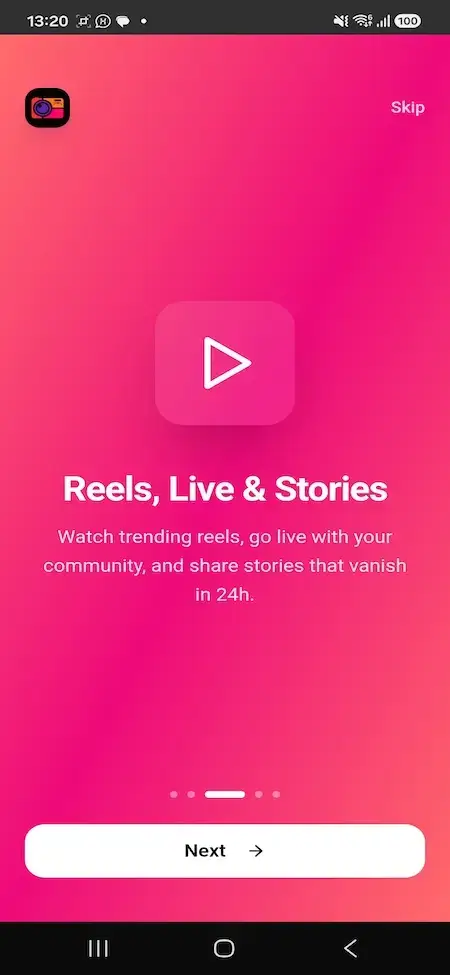 Instagram Clone 25 MXInstagram onboarding screen introducing Reels, live video and 24-hour stories