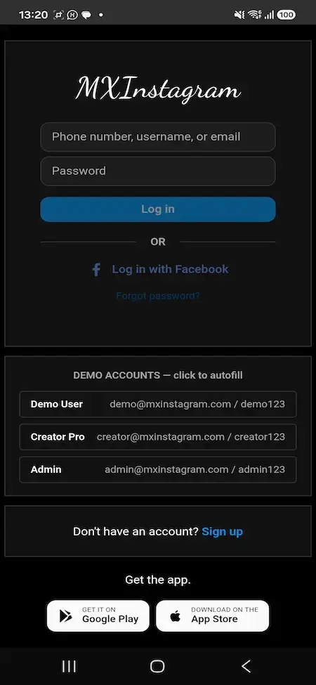 Instagram Clone 24 MXInstagram mobile login with demo user, Creator Pro and admin accounts