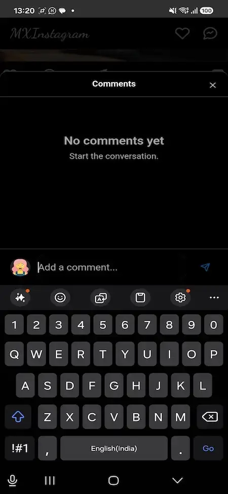 Instagram Clone 35 MXInstagram mobile comments sheet with empty state, text field and on-screen keyboard