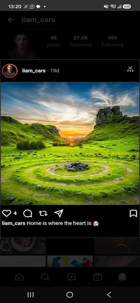 Instagram Clone 34 MXInstagram mobile post viewer showing a green valley image over a user profile