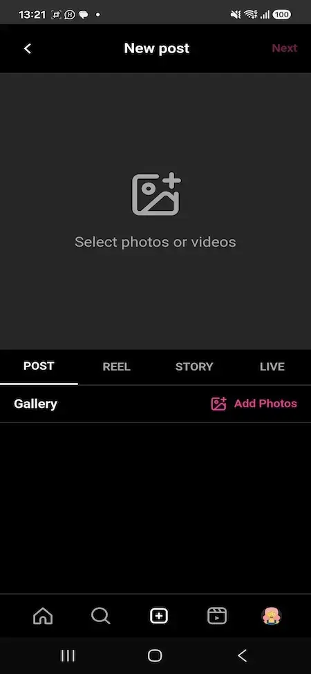 Instagram Clone 31 MXInstagram mobile New Post screen for selecting photos or videos and choosing Post, Reel, Story or Live