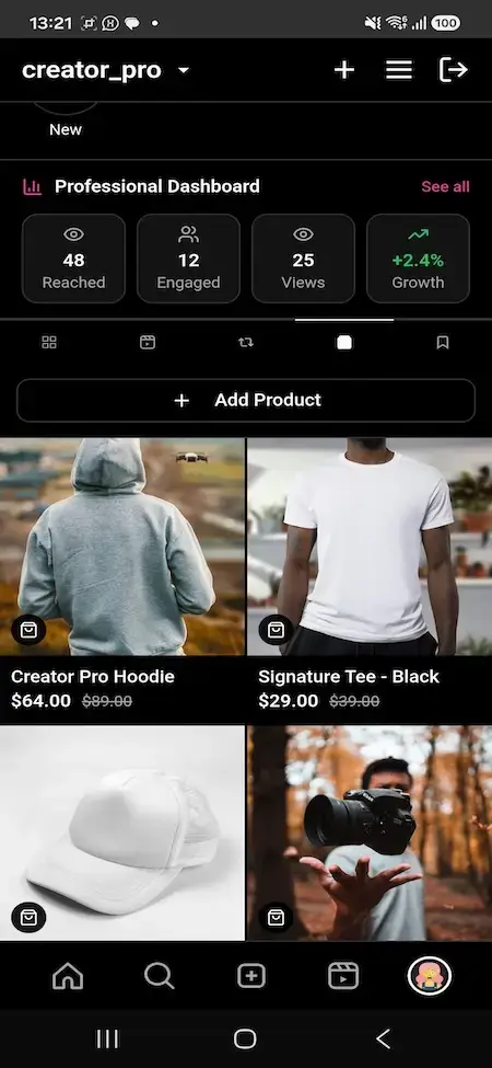 Instagram Clone 30 MXInstagram mobile creator Shop tab with Add Product and shoppable merchandise grid