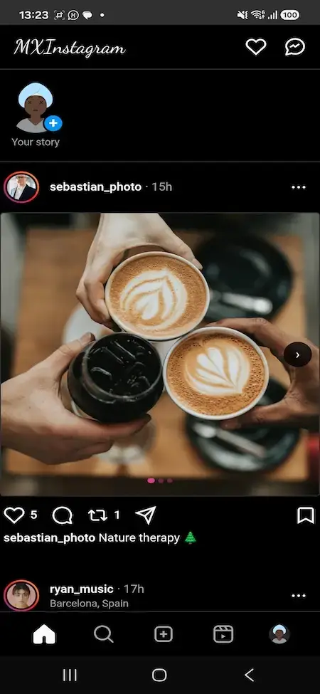 Instagram Clone 23 MXInstagram mobile home feed showing a coffee carousel post with engagement controls