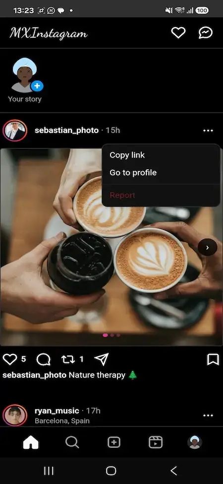 Instagram Clone 22 MXInstagram mobile coffee post with Copy link, Go to profile and Report menu open