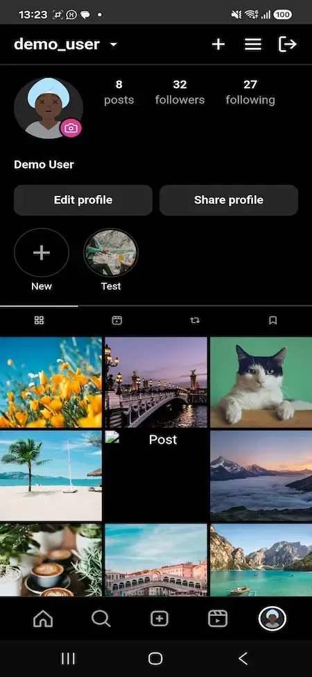 Instagram Clone 21 MXInstagram demo user mobile profile with statistics, highlights and photo grid