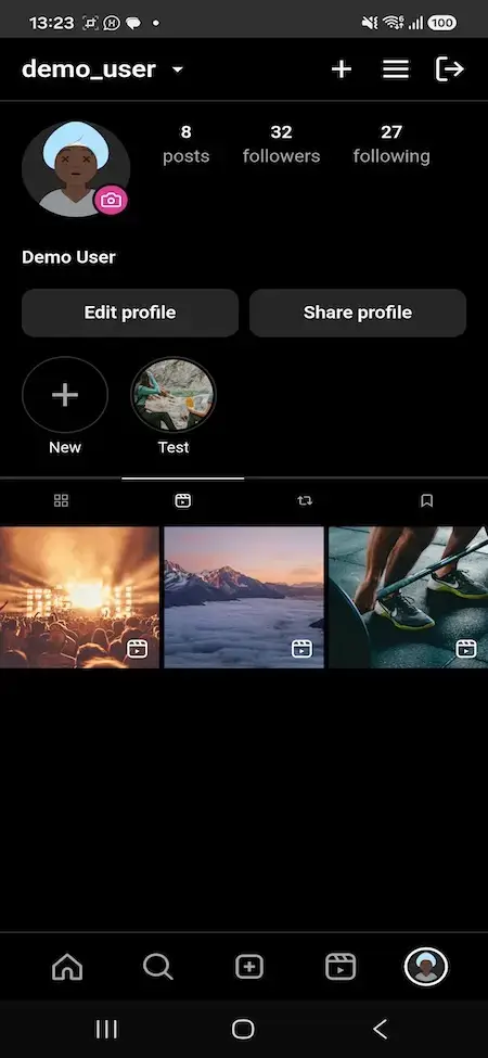 Instagram Clone 20 MXInstagram demo user profile Reels tab with three short-video thumbnails