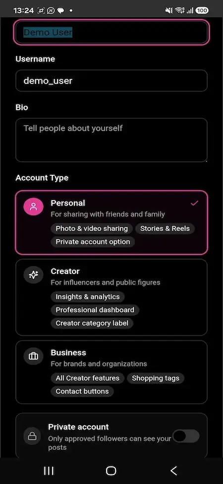 Instagram Clone 19 MXInstagram mobile profile editor with identity, account type and privacy fields