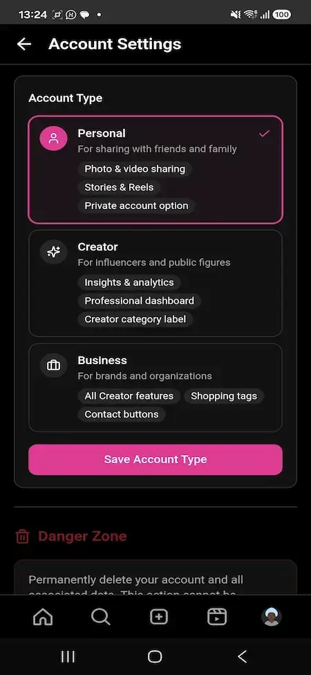 Instagram Clone 18 MXInstagram mobile Account Settings with Personal, Creator and Business options and danger zone