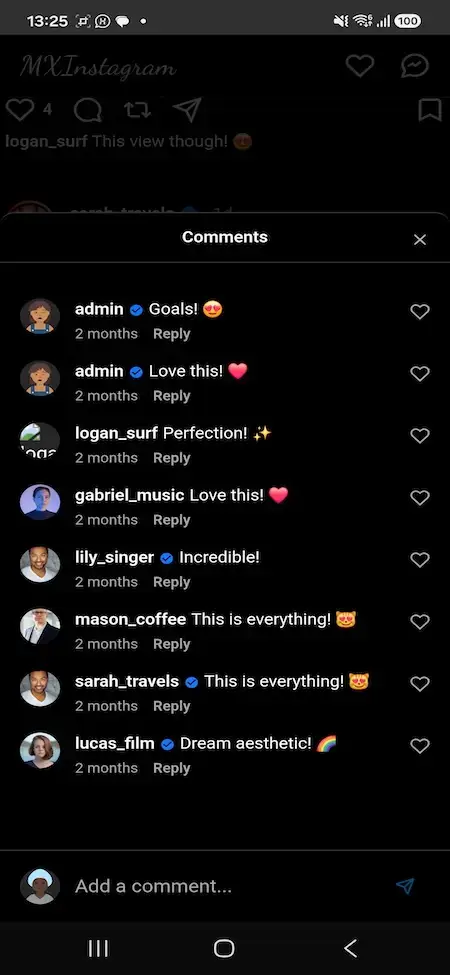 Instagram Clone 16 MXInstagram mobile comments panel with replies, likes and verified commenters