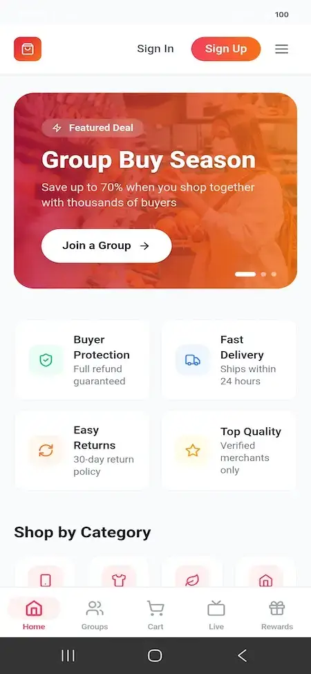 Pinduoduo Clone 14 Mobile homepage featuring Group Buy Season, buyer protections, delivery, returns, quality, and shopping categories