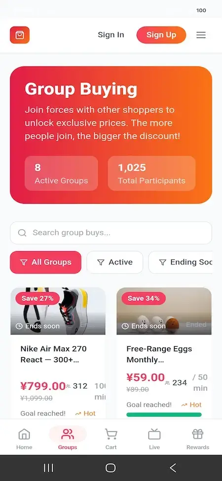 Pinduoduo Clone 15 Mobile group-buy page with active groups, participant totals, search filters, discounted sneakers, and eggs