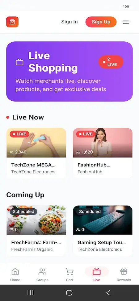Pinduoduo Clone 16 Mobile live-shopping directory with current TechZone and FashionHub streams and upcoming merchant events