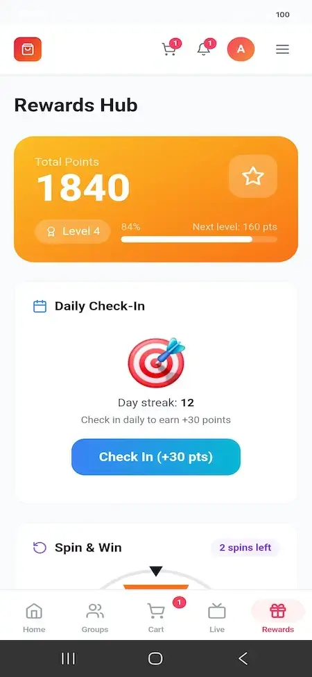 Pinduoduo Clone 17 Mobile loyalty dashboard with 1,840 points, level progress, daily check-in, streak, and Spin and Win