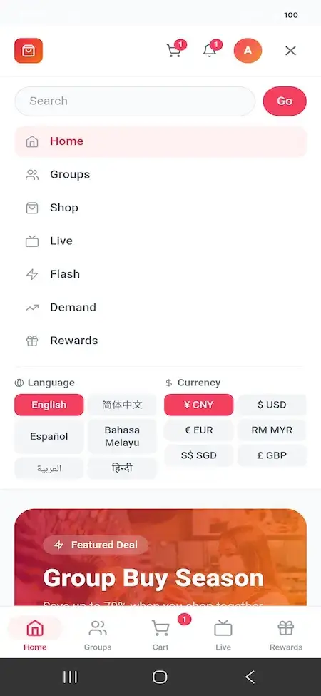 Pinduoduo Clone 18 Mobile navigation drawer with shopping sections plus language and currency selection controls