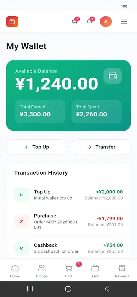 Pinduoduo Clone 19 Mobile wallet showing available balance, earned and spent totals, top-up, transfer, cashback, and transactions