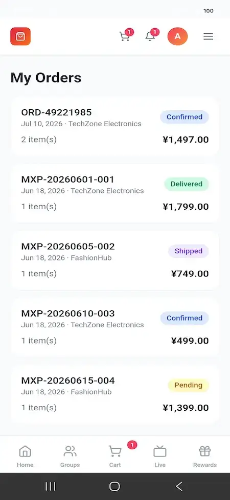Pinduoduo Clone 20 Mobile order history listing confirmed, delivered, shipped, and pending purchases with merchant and total