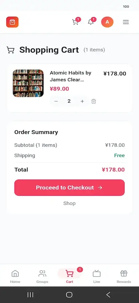 Pinduoduo Clone 21 Mobile cart containing Atomic Habits with quantity controls, free shipping, order summary, and checkout button