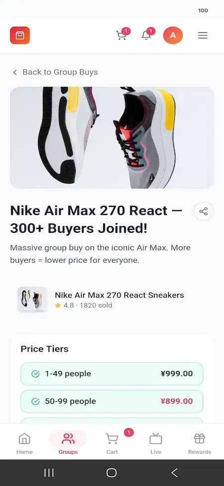 Pinduoduo Clone 22 Mobile group-buy detail page for Nike Air Max 270 React sneakers with participants and tiered pricing