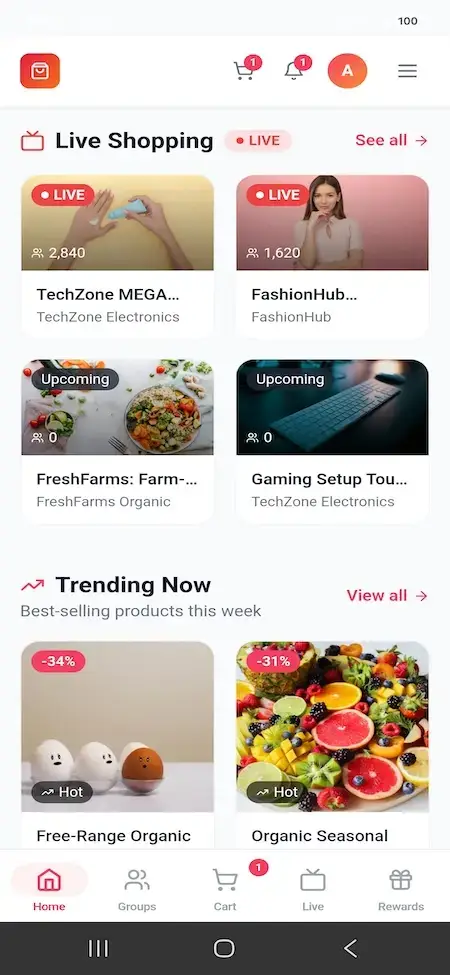 Pinduoduo Clone 13 Mobile homepage section combining live merchant streams, upcoming events, and trending food products