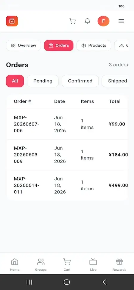 Pinduoduo Clone 34 Mobile merchant order list with pending, confirmed, and shipped filters, item counts, dates, and totals