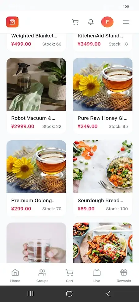 Pinduoduo Clone 32 Mobile merchant product grid with food, home, and lifestyle items, prices, stock quantities, and images