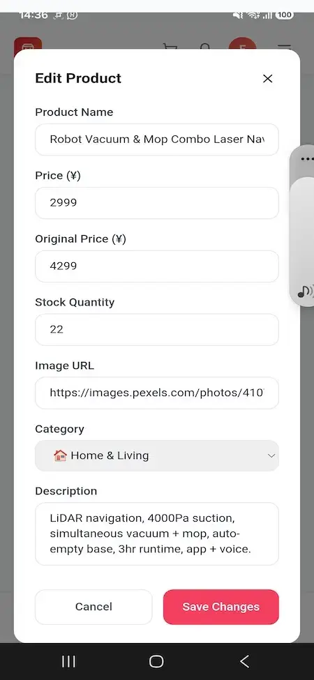 Pinduoduo Clone 31 Mobile Edit Product form for a robot vacuum with pricing, stock, image, category, and description fields