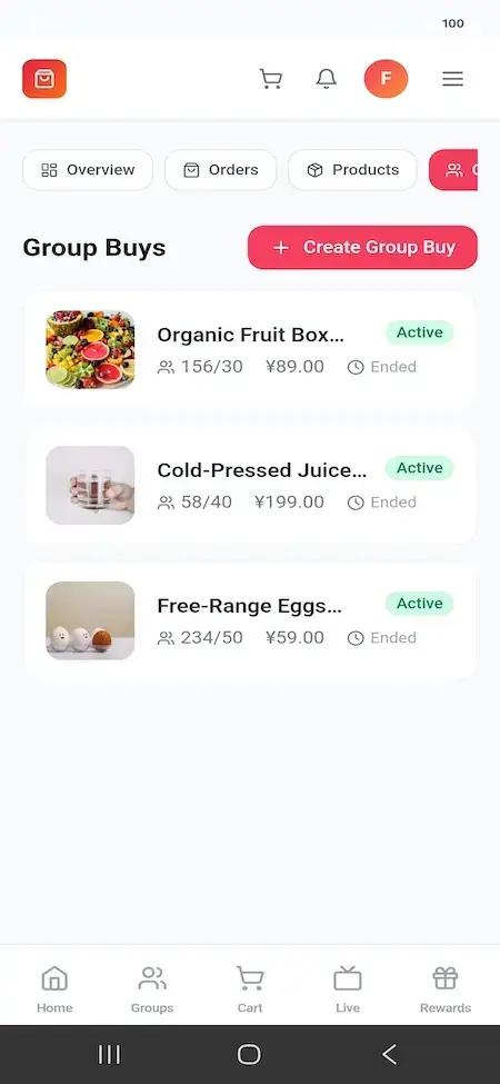 Pinduoduo Clone 30 Mobile merchant campaign list for fruit boxes, juice bundles, and free-range eggs with participant progress