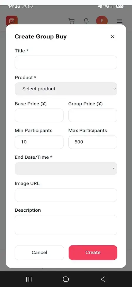 Pinduoduo Clone 29 Mobile Create Group Buy form with product, base price, group price, participants, deadline, image, and description