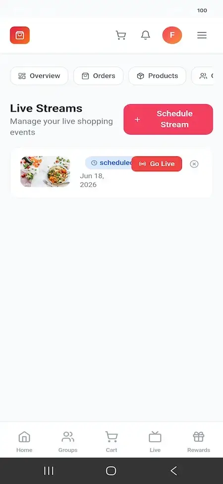 Pinduoduo Clone 28 Mobile merchant live-stream manager with a scheduled farm-to-table event and Go Live control