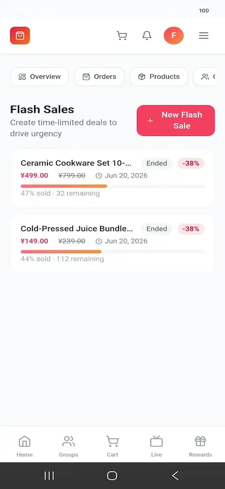 Pinduoduo Clone 27 Mobile flash-sale manager showing discounted cookware and juice campaigns with sold and remaining inventory