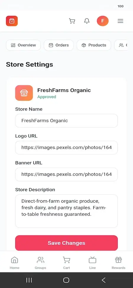 Pinduoduo Clone 24 FreshFarms Organic mobile settings for store name, logo, banner, description, and approval status