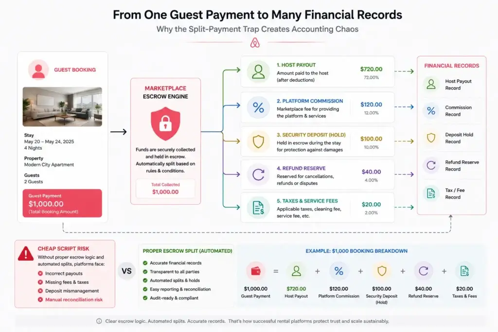 The Escrow Leak: Why Cheap Marketplace Scripts Destroy Rental Platform Accounting software 1 Rental marketplace accounting software showing escrow split payouts, host commission, refunds, security deposits, and tax records