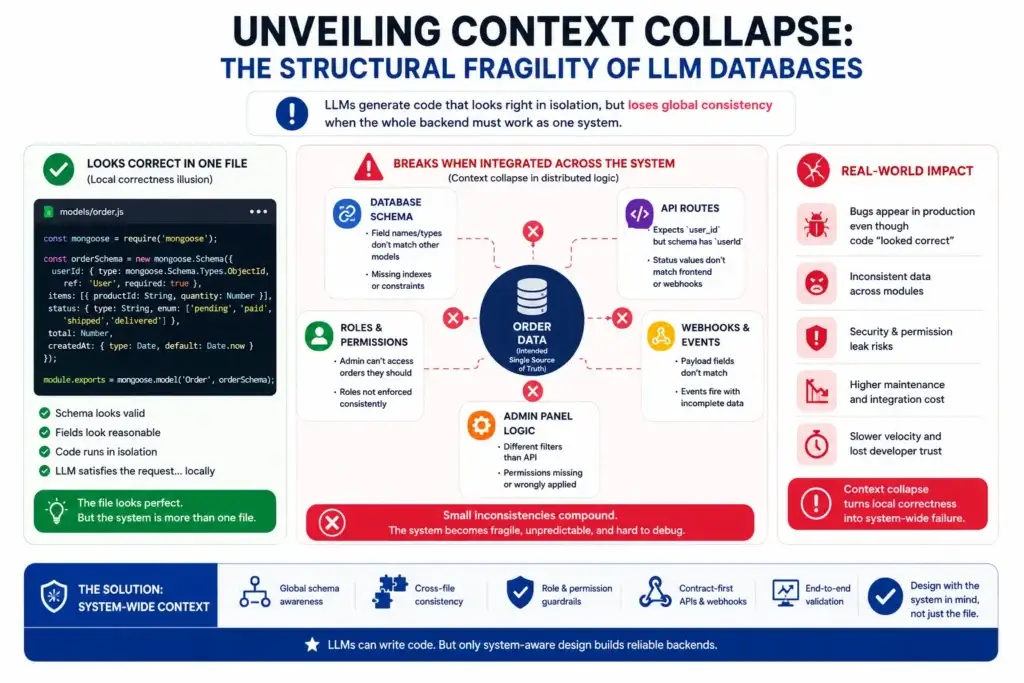 The AI Developer Delusion: Why ChatGPT Cannot Architect Your App Backend 1 AI-generated app backend context collapse showing broken database, API, webhook, and permission connections