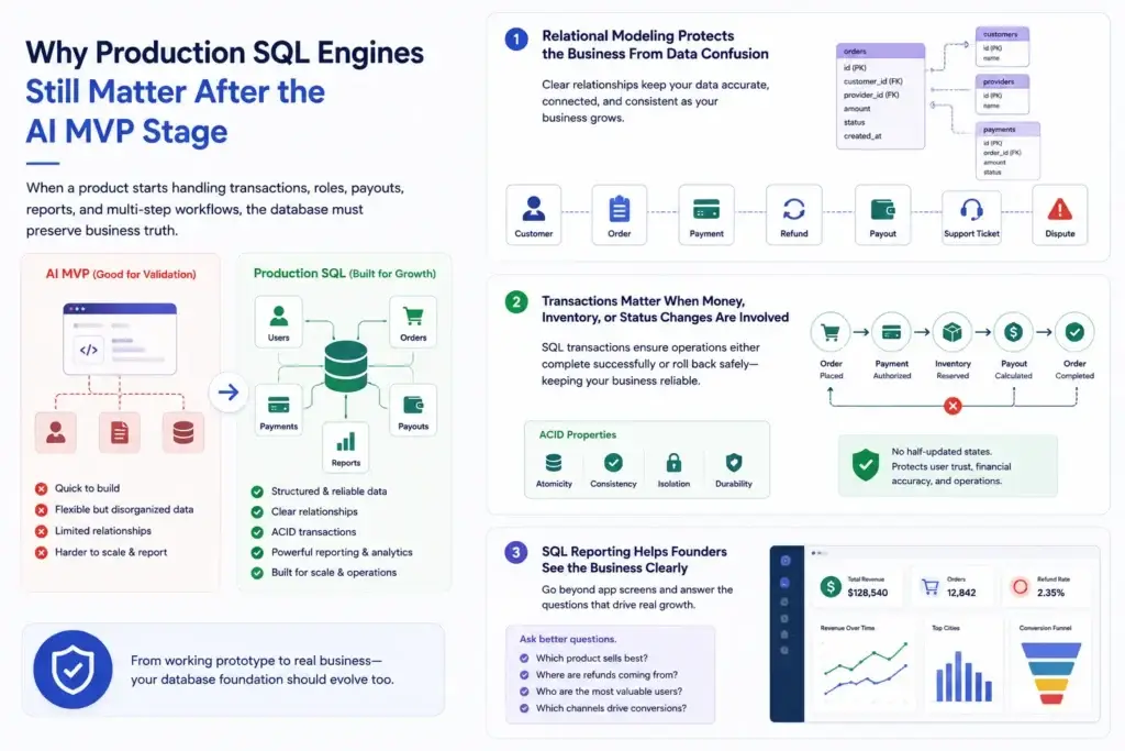 Scaling Beyond the Prompt: AI Toy Databases vs. Production SQL Engines 2 Production SQL engine comparison showing relational modeling, ACID transactions, reporting, and scalability after the AI MVP stage