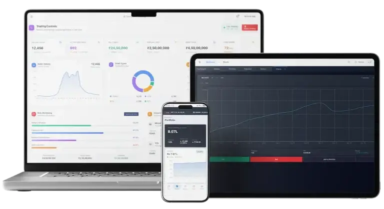 White Label Trading Platform 81 Laptop, tablet, and phone showing MXZerodha admin controls, charts, and portfolio views