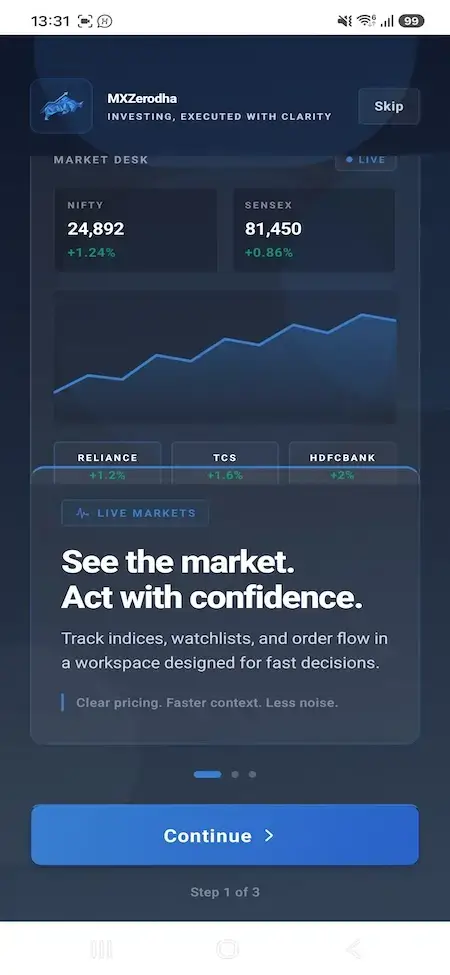 Zerodha Clone 37 MXZerodha onboarding page showing indices, watchlists, and order-flow previews