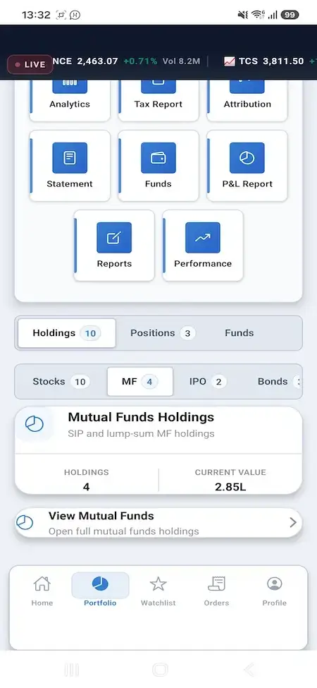 Zerodha Clone 29 Mobile mutual fund holdings card showing four funds and total value