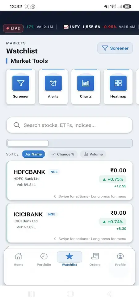 Zerodha Clone 28 Mobile watchlist with stock search, sorting, screener, alerts, charts, and heatmap