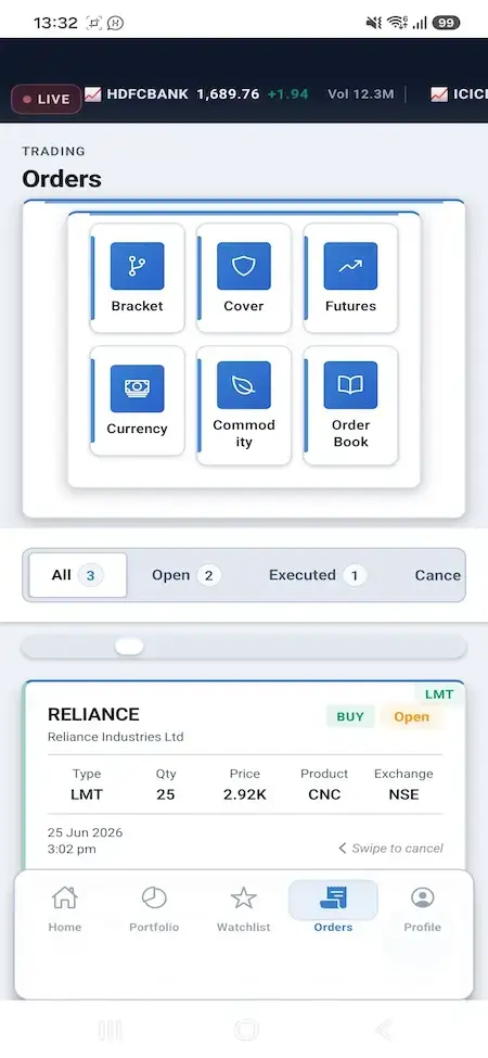 Zerodha Clone 27 Mobile order book with bracket, cover, futures, currency, and commodity tools